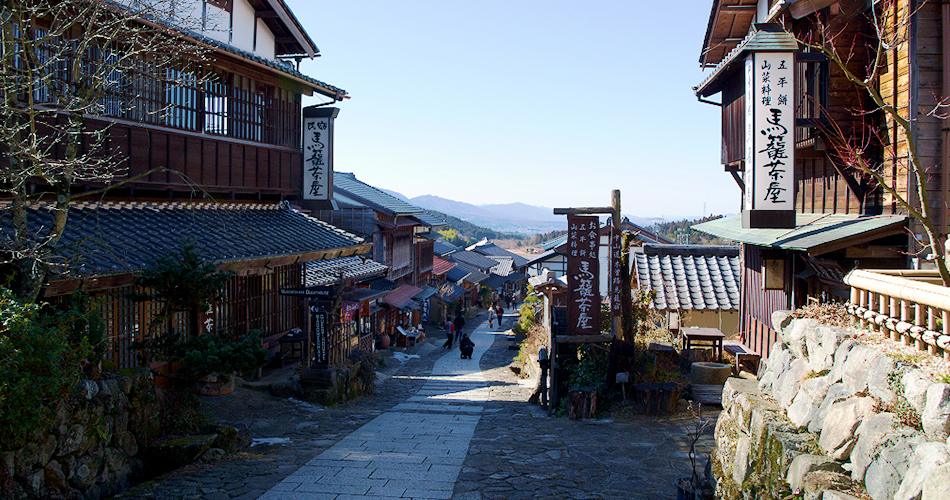 Many stylish cafes and souvenir shops line the street of Magome